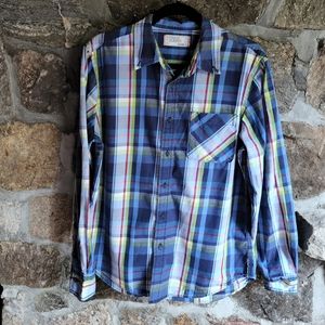 Free Planet Men's Plaid Button Up Shirt Long Sleeve 100% Cotton Blue Green Sz L